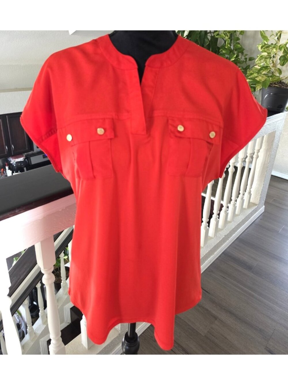 Calvin Klein Women'sOrange/Red Solid Split Neck Short Sleeve Blouse Size M - Picture 8 of 8